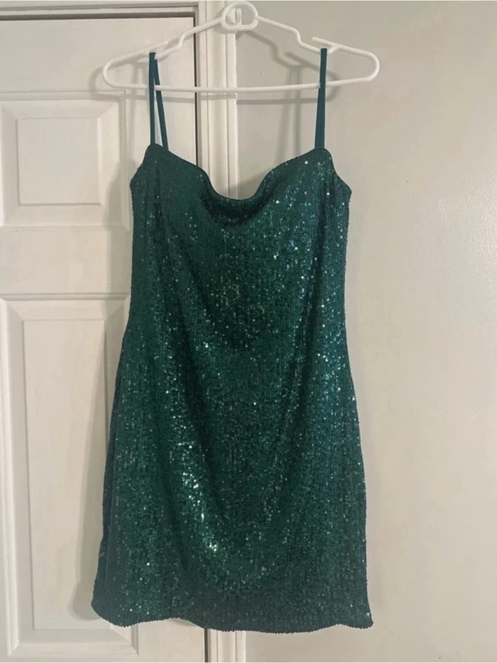 La Femme Teal Sequin Spaghetti Strap Mini Dress